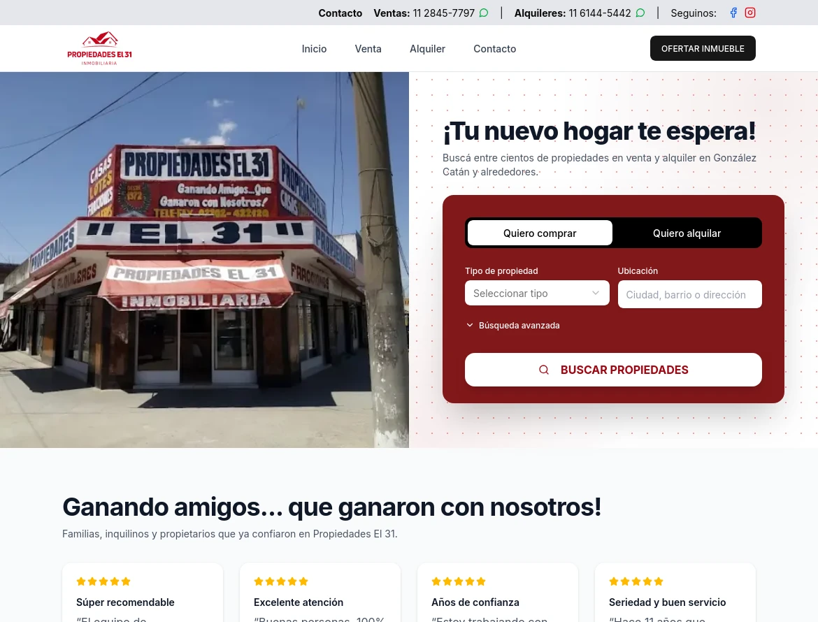 Plataforma interna de Propiedades El 31: listado de propiedades y ficha de contacto.